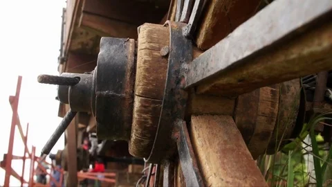 Wagon wheel close up video at rancho in windy day Stock Footage 72080507