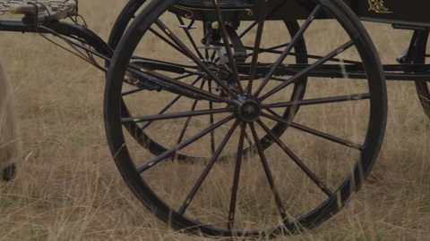 Wagon Wheels On Carriage Being Pulled By Horses Stock Footage 208718706