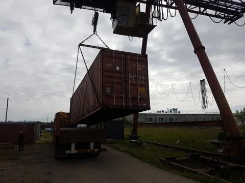 Wagons and containers at the railroad cul-de-sac Stock Photos