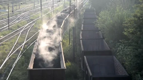 Wagons with coal being transported with train rail in 4k HD Vídeos de archivo 334651596