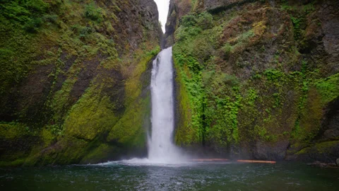 Wahkeena Falls plunging between basalt walls into calm Oregon pool Stock Footage 345304318