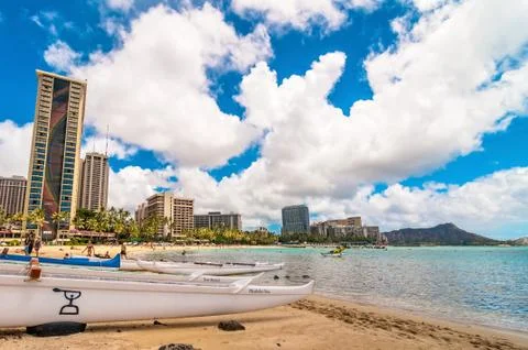 Waikiki shoreline with hotels and beach in Honolulu, Hawaii Stock Photos