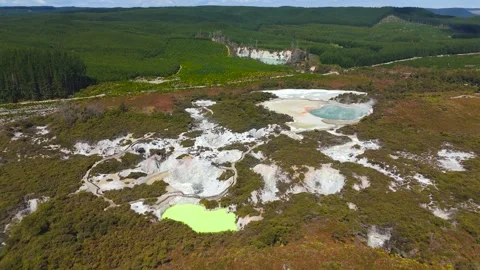 Waiotapu Champagne Pool and Devil’s Bath aerial orbit Stock Footage 328970523
