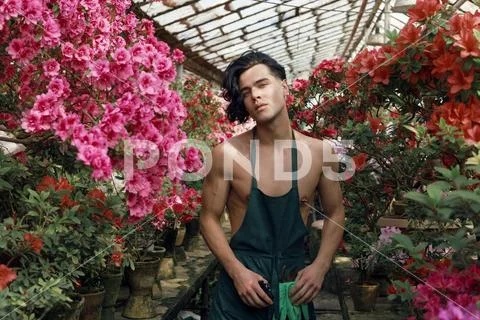 Waist up portrait of young handsome man in green apron with bare shoulders Stock Photos