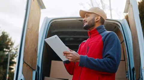 Waist up view of logistic professional using digital tablet Stock Photos