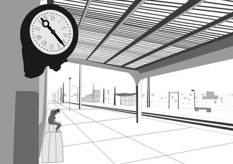The wait in the train station. Stock Illustration