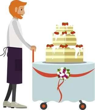 Waiter bringing wedding cake vector icon isolated on white Stock Illustration