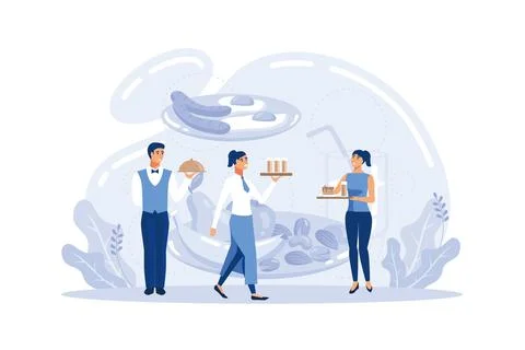 Waiter concept. Restaurant staff in the uniform, catering service. Table sett Stock Illustration