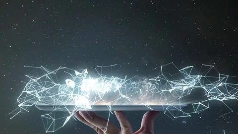 Waiter hand holding an empty digital tablet with geometric network connection Stock Footage 101318604