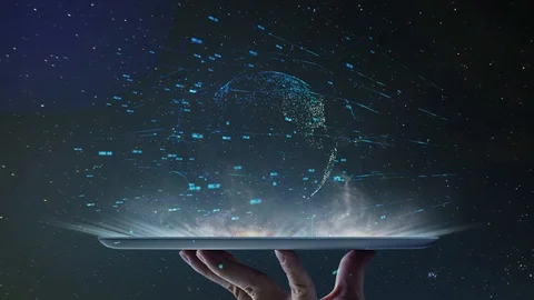 Waiter hand holding an empty digital tablet with digital earth and network co Stock Footage 101318822