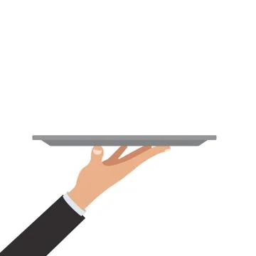 Waiter hand holding empty silver tray dish vector illustration. Isolated. Stock Illustration