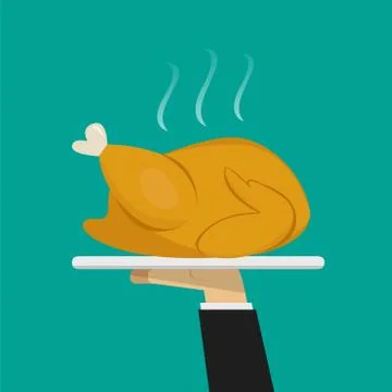 Waiter hand serving Roasted chicken on plate Stock Illustration
