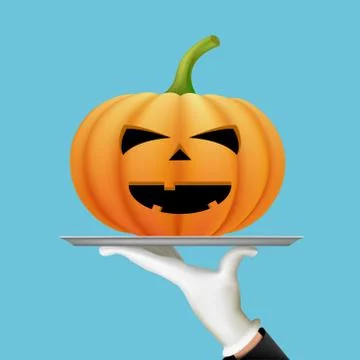 Waiter holding a tray or dish with a Halloween pumpkin 스톡 일러스트