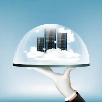 Waiter holding tray with server for data storage. Cloud computing イラスト素材
