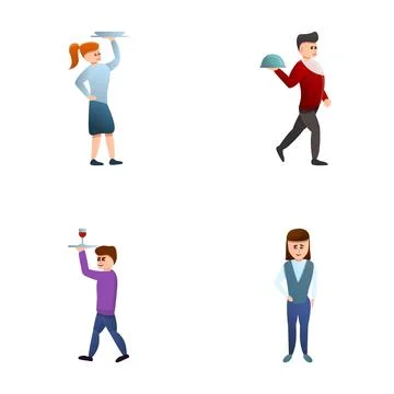 Waiter icons set cartoon vector. Young man and woman waiter Stock-Illustration