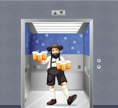 A waiter with mug of beers at the elevator Ilustración de archivo