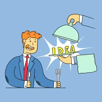 The waiter opens a dish with an idea in front man Stock Illustration