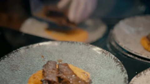 A waiter puts mashed potatoes and meat on a plate Stock Footage 229474184