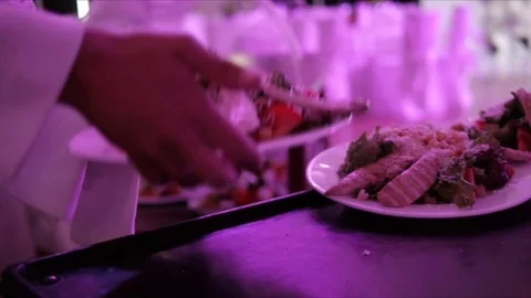 Waiter Serves Banquet Table Stock Footage 77630025