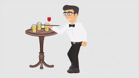 A waiter serves drinks in a pub with beer tables. Waitress animation. Cartoon 動画素材 345021377