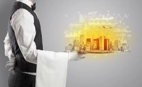 Waiter serving big city on tray Stock Photos