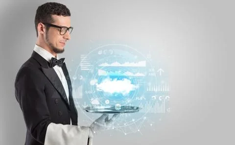 Waiter serving cloud technology concept Stock Photos