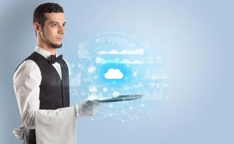 Waiter serving cloud technology concept 스톡 사진