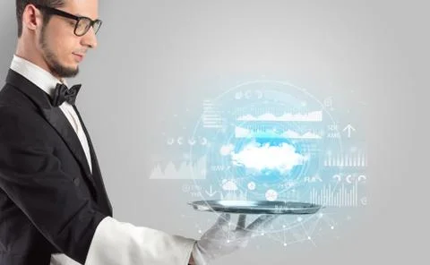 Waiter serving cloud technology concept Stock Photos
