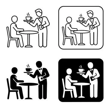 Waiter serving coffee to customer at table, icon set with line art, rounded.. Ilustração Stock