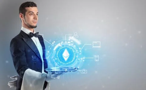 Waiter serving cryptocurrency concept Foto stock