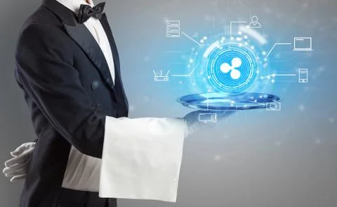 Waiter serving cryptocurrency concept 스톡 사진
