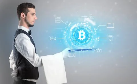 Waiter serving cryptocurrency concept 库存照片