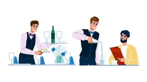 Waiter serving customer in restaurant setting Stock Illustration