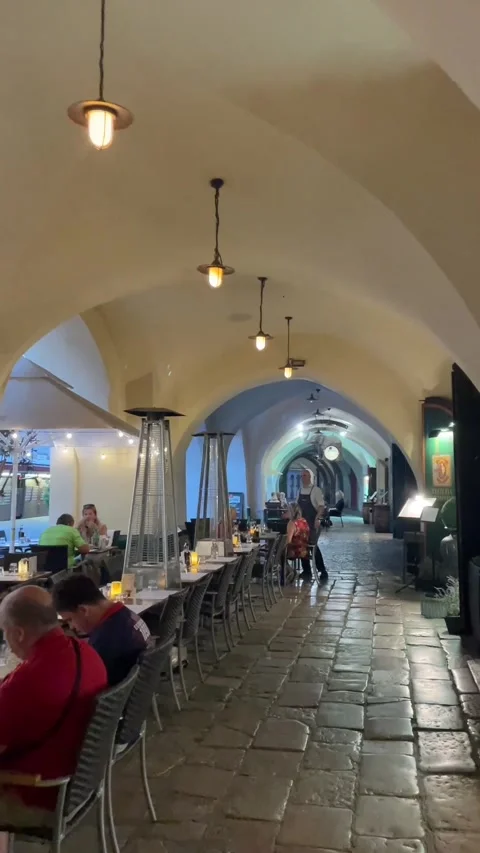 Waiter serving diners under vaulted pizzeria arcade with warm pendant lighting 库存影片 344585250