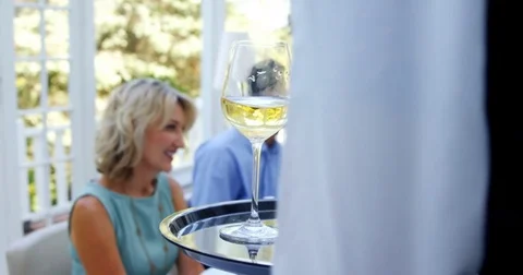 Waiter serving glasses of wine to customer Stock Footage 78990245