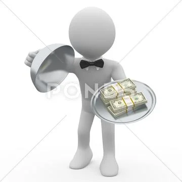 Waiter serving tray five wads of dollars Stock Illustration