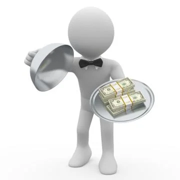Waiter serving tray five wads of dollars Stock Illustration