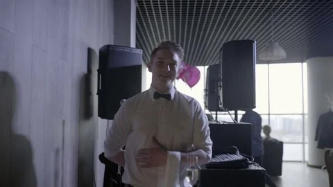 Waiter stands at the buffet table close-up Stock Footage 76551450