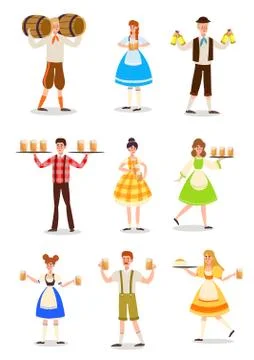 Waiters in german uniform serving fresh beer drink vector illustration Stock Illustration