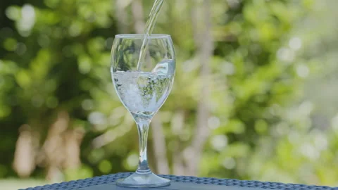 Waiter's hand pours chilled white wine from a glass bottle into elegant glass. Stock Footage 345504974
