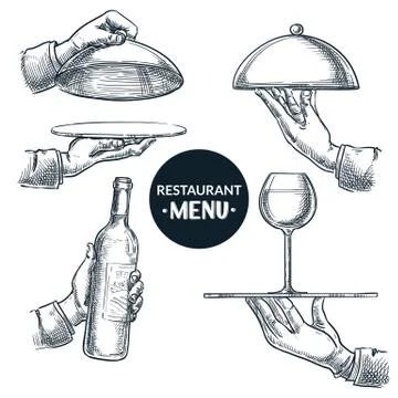 Waiters hands holding trays. Vector hand drawn sketch illustration. Restauran Illustrazione stock