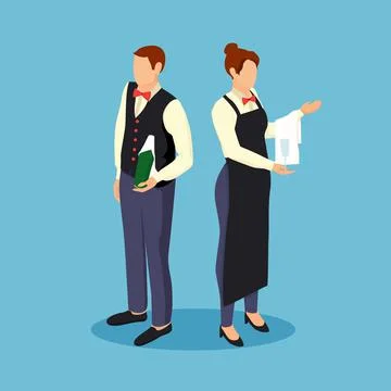 Waiters ready receive visitors isometric illustration. Female and male Stock Illustration