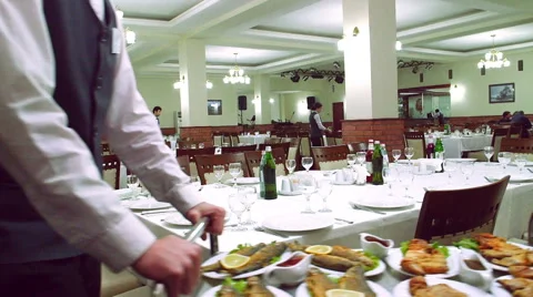 Waiters serving tableware, preparation for banquet Stock Footage 61714948
