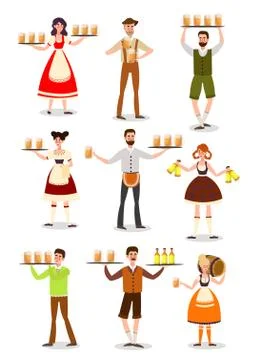 Waiters in special german uniform serving beer vector illustration Stock Illustration