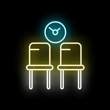 Waiting area chairs and clock neon icon Stock Illustration