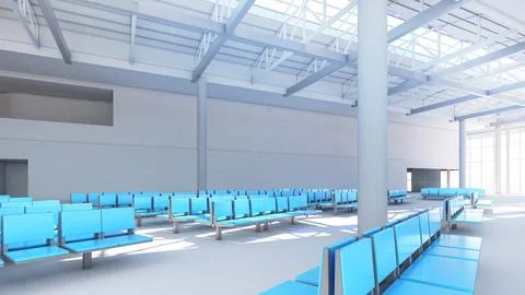 The waiting area of the train station and the large building structure,3d r.. Ilustración de archivo