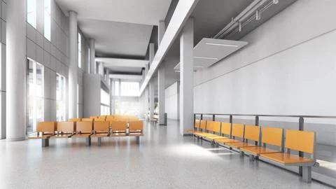 The waiting area of the train station and the large building structure,3d r.. Ilustración de archivo