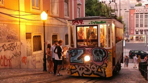 Waiting to get in the Elevador da Gloria, funicular tram - Lisbon Stock Footage 96269686