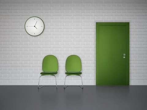Waiting interior with clock and chairs Illustration