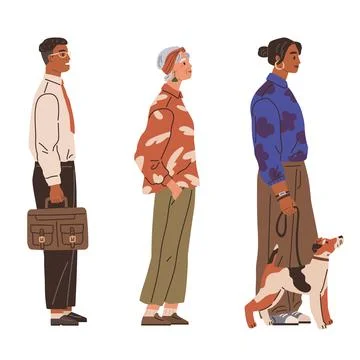 Waiting line, people queuing. The queue men and women at bank was moving slowly Stock Illustration